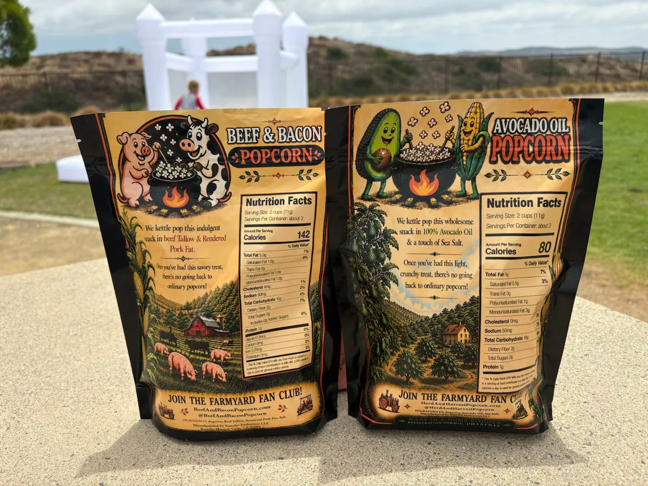 Herd & Harvest Beef Tallow Popcorn and Avocado Oil Popcorn back panels with nutrition facts — California made, no seed oils