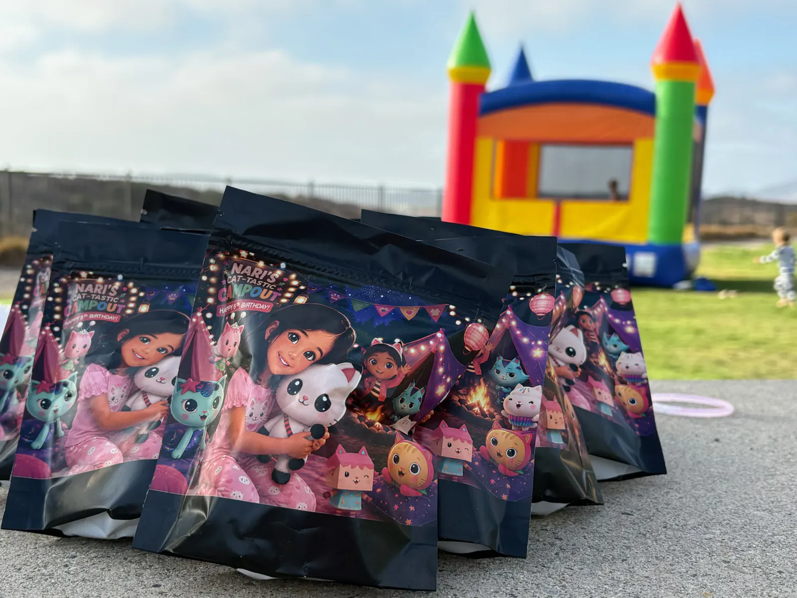 Custom Nari's birthday popcorn bags close up