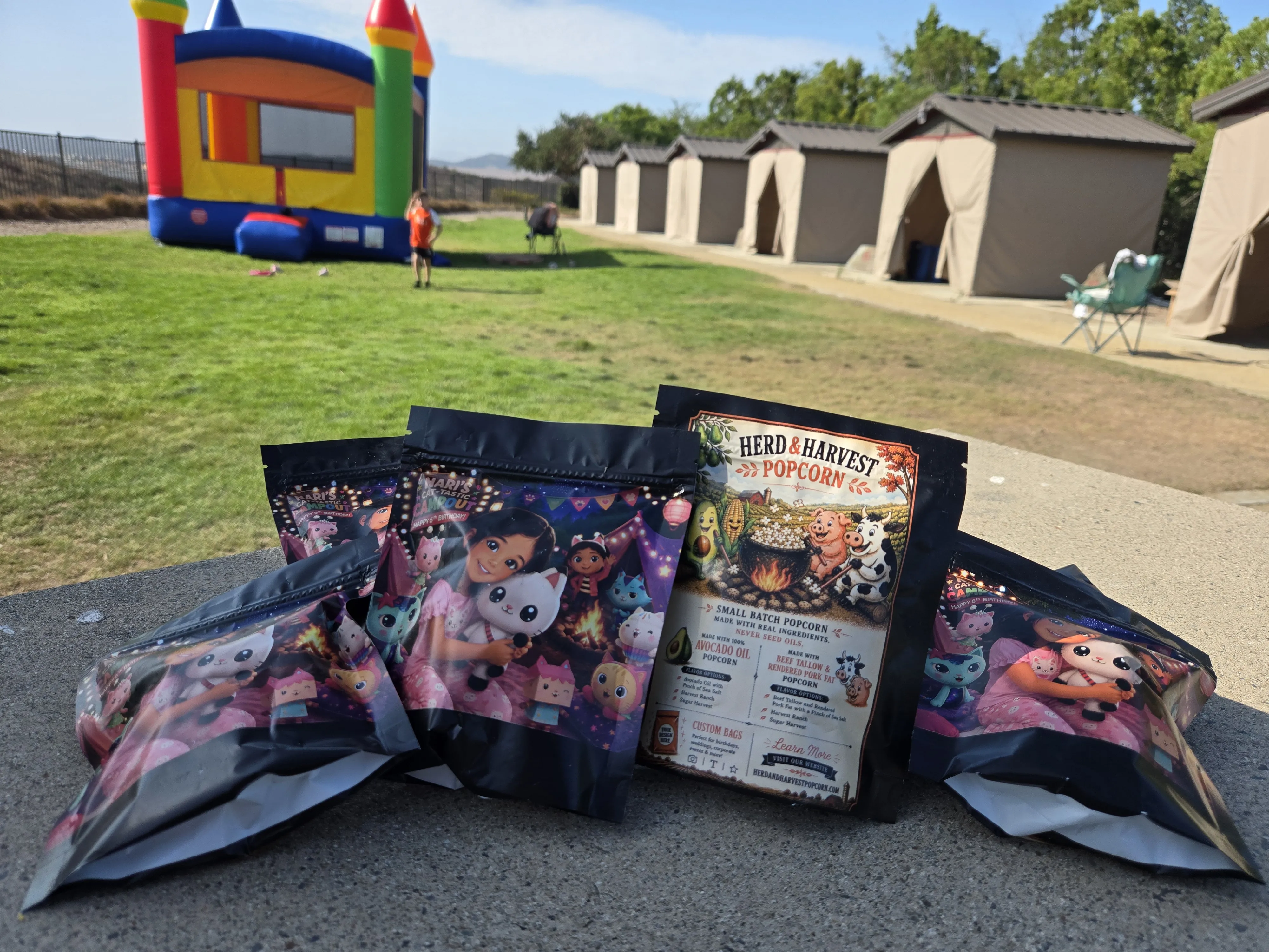 Custom birthday bags at a party with bounce house
